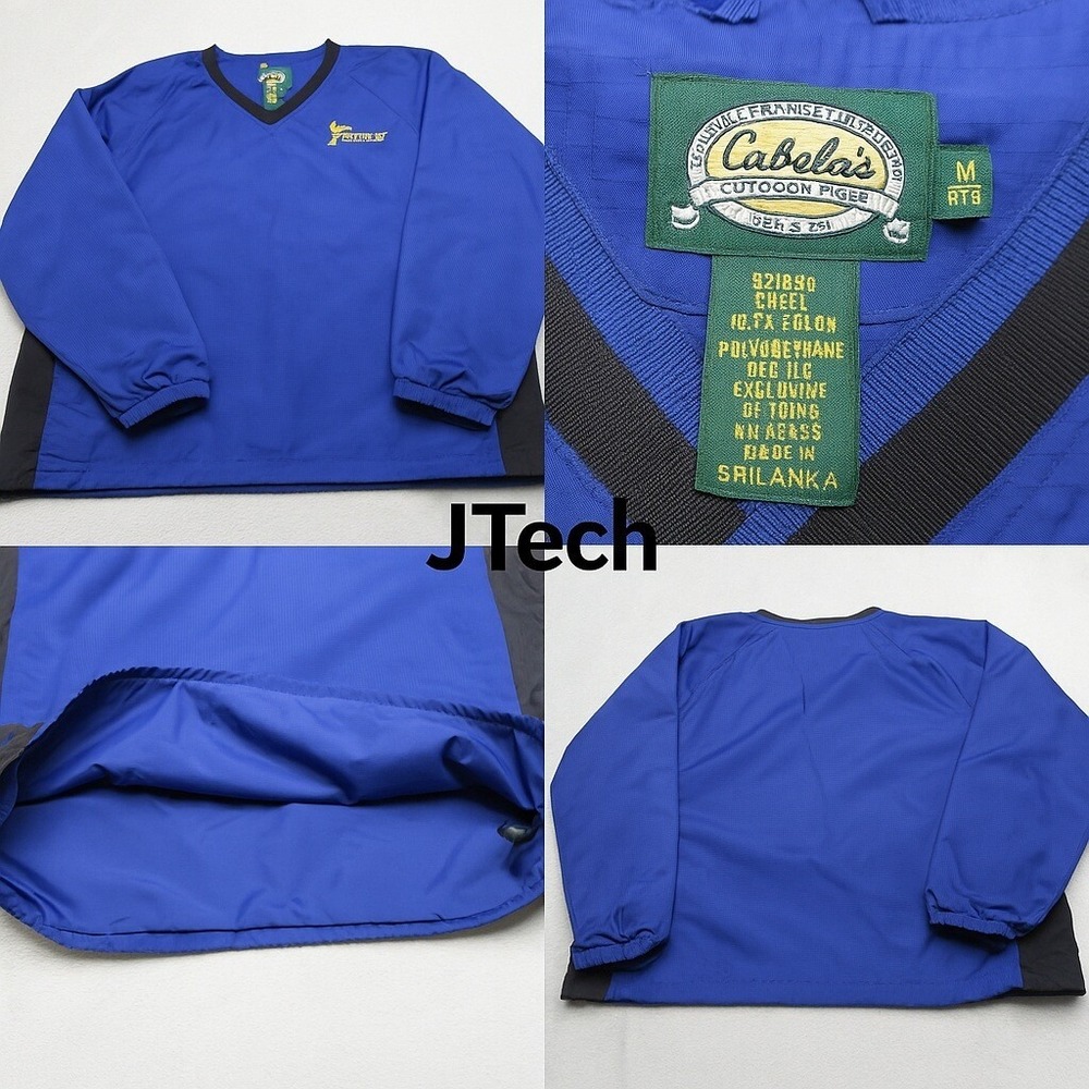 Cabelas Jacket Mens Medium Blue V-Neck Pullover Ripstop Waterproof LOGO VTG
